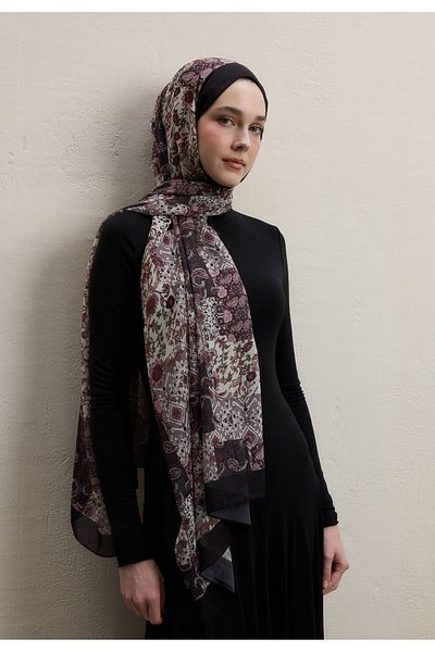 Fresh Ethnic Figure Pattern Silk Crepe Shawl Rosewood