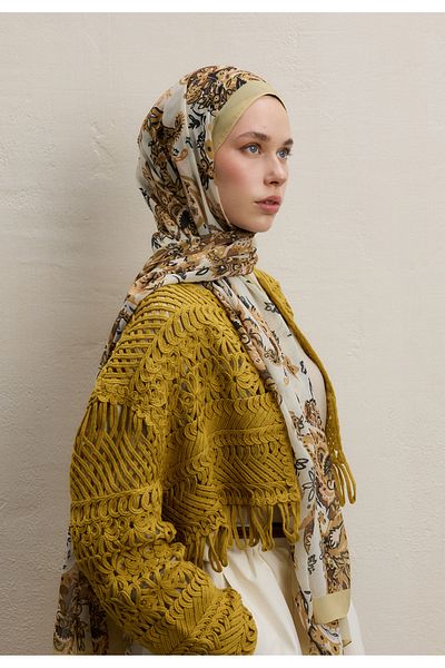 Fresh Silk Shawl Mustard, Wild Flora Pattern