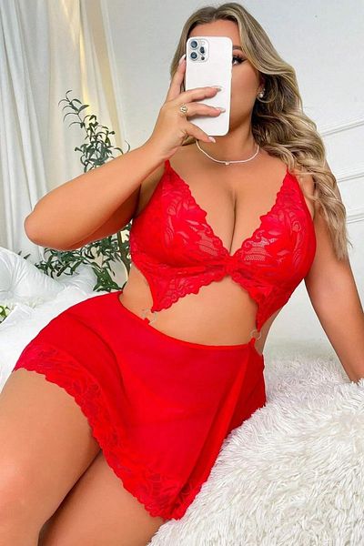 randevu Lacy Low-Cut Mini Tulle Nightgown with Accessories