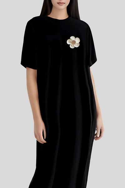 mefru Rochie lungă cu mânecă scurtă din țesătură modal cu detaliu floral pentru femei