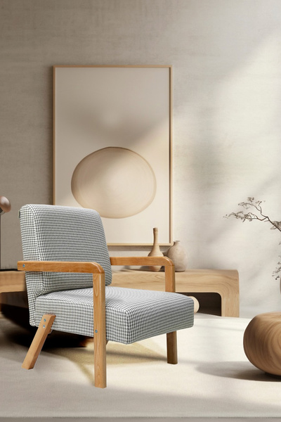 Zem Bahama Bohem Ahşap Berjer, Siyah Kazayağı Desenli