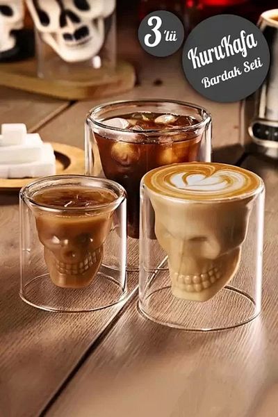 Rosemor 3-Piece Skull Design Double Walled Glass Cup Coffee Presentation Bar Cocktail Cup