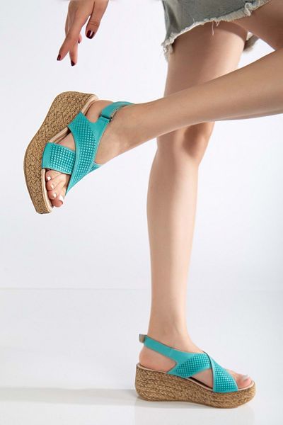 ANALİN SHOES Sandale cu velcro cu curele încrucișate din piele turcoaz pentru femei