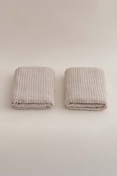 Koza Home Ivory Beige Bordered Micro Fiber 100% Cotton 2-Piece Bath Towel Set 50 X 90 - 70 X 140 1104A