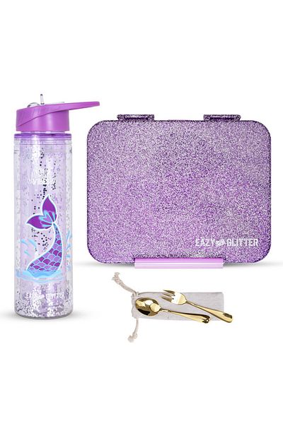 Eazy Kids 6 & 4 Convertible Bento Lunch Box w/ Water Bottle and Spoon Fork Set - Glitter Purple