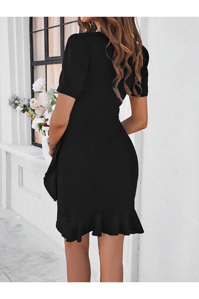 Kokosh moda Γυναικείο κοντομάνικο λαιμόκοψη μπροστά Frill Gathered Janjan Crepe κοντό φόρεμα