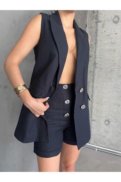 Kokosh moda Linen Vest - Shorts Set - Black