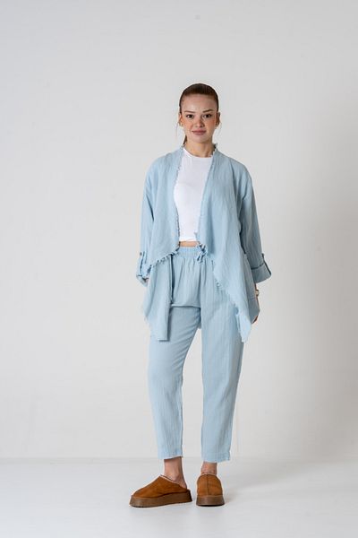 VerdeBlanco Blue 100% Cotton Shawl, Collar Cardigan and Pants Set