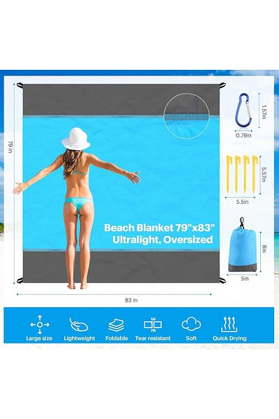 fulina Beach Blanket Sandproof Oversized, 78.8×82.7 inch,Foldable and Lightweight,With stakes,carabiner