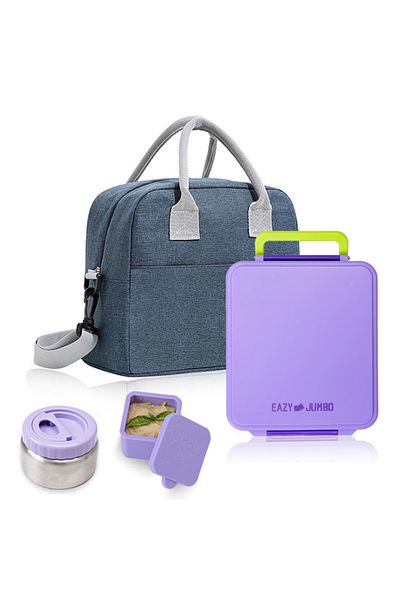 Eazy Kids Eazy Kids Jumbo Bento Lunch Box w/ Lunch Bag and Thermos & Dip Jar- Purple
