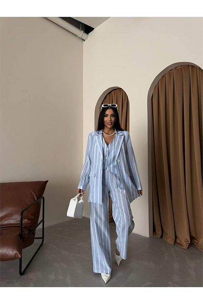 Kokosh moda Blue Striped Linen Vest and Trousers Set