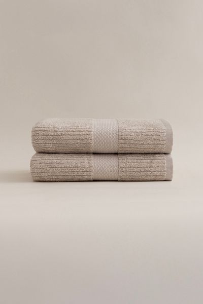 Koza Home Ivory Beige Ribbed Micro Fiber 100% Cotton 2 Piece Bath Towel Set 50 X 90 - 70 X 140 1128A