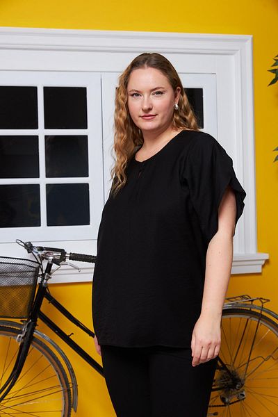 RMG Collar and Sleeve Detailed Large Size Blouse Black