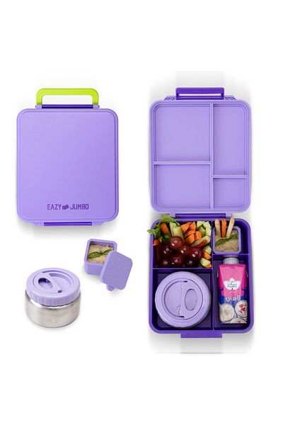 Eazy Kids Eazy Kids Jumbo Bento Lunch Box w/ Lunch Bag and Thermos & Dip Jar- Purple