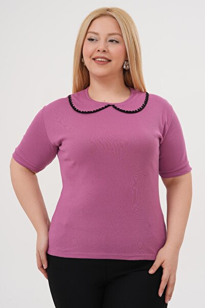 Siyezen Plus Size Baby Collar Needle Detailed Cotton Blouse