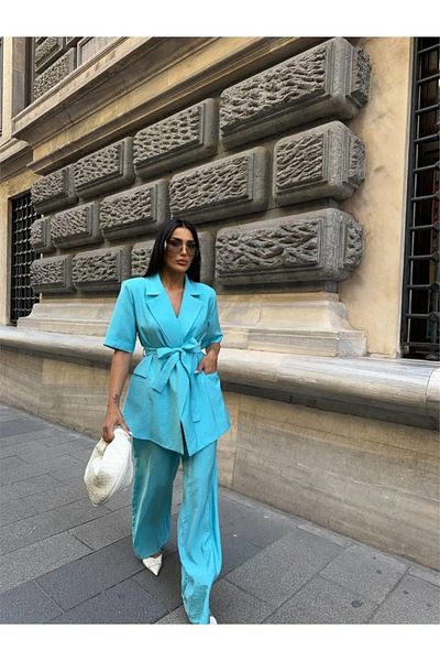 leyla sanat sanata yeni bir bakış açısı Leyla Art a New Perspective on Art Short Sleeve Binding Detail Jacket- Pants Suit - Blue