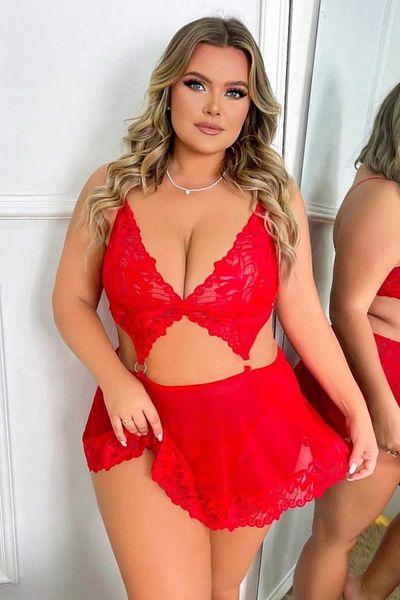 randevu Lacy Low-Cut Mini Tulle Nightgown with Accessories