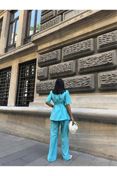 leyla sanat sanata yeni bir bakış açısı Leyla Art a New Perspective on Art Short Sleeve Binding Detail Jacket- Pants Suit - Blue