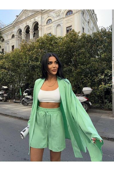 modaserdem Linen Tie-Up Sleeveless Shirt - Double Leg Shorts Set - Green