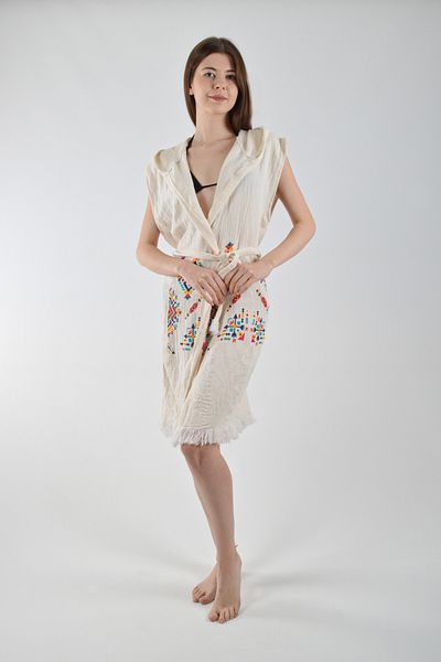 REİNA TEKS Hooded Vest Cotton Rug Pattern Belted 1 Piece Unisex Muslin Fabric Multi-Purpose Bathrobe