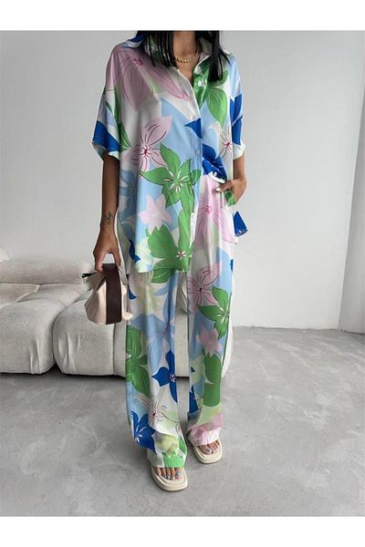 Kokosh moda COSTUME CAMASĂ-PANTALONI SATINATE CU MOTIV DE FLORI MARI VERDE - Verde