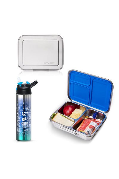 Eazy Kids Eazy Kids 3 Compartment Bento Steel Lunch Box with Stainless Steel 530ml Water Bottle - Blue