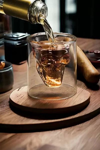 Rosemor 3-Piece Skull Design Double Walled Glass Cup Coffee Presentation Bar Cocktail Cup