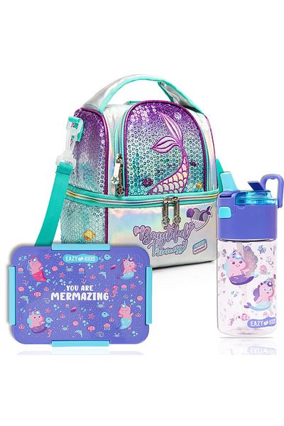 Eazy Kids Lunch Bag and Activity Backpack Set of 3 Mermaid - Purple Green