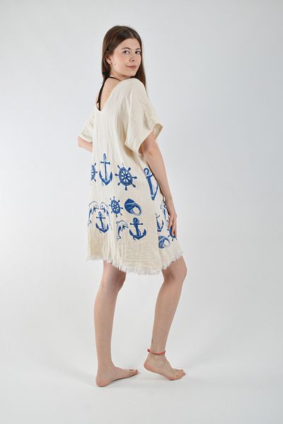 REİNA TEKS Muslin Beach Dress Anchor Pattern Στρογγυλή λαιμόκοψη 1 Τεμάχιο