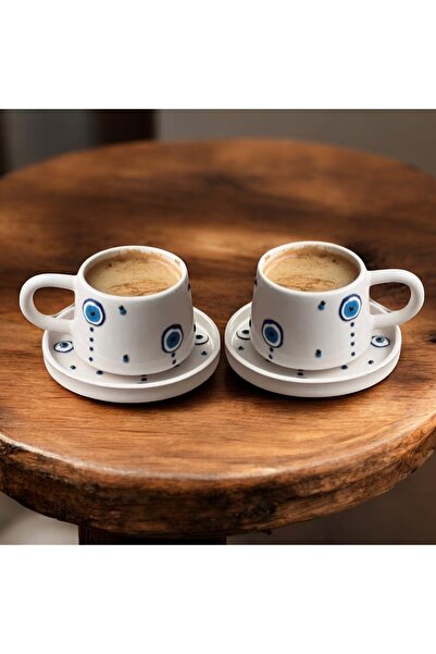 İlbay Çini Takı Ceramic Handcrafted Drop Evil Eye 2 Plates 2 Cups