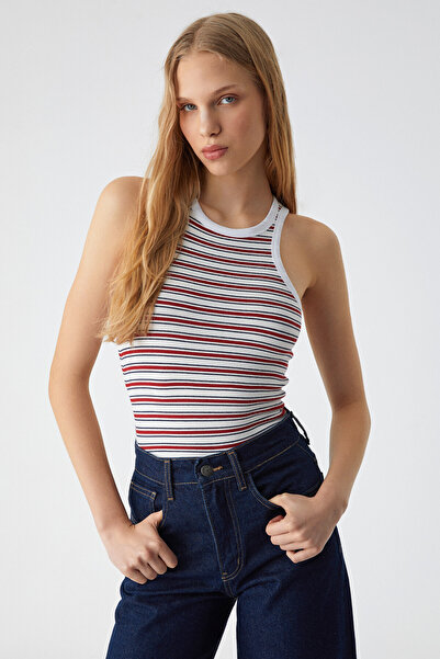 GRIMELANGE Eldanr Women's Halter Neck Slim Fit Line Patterned White - Red - Navy Blue Undershirt