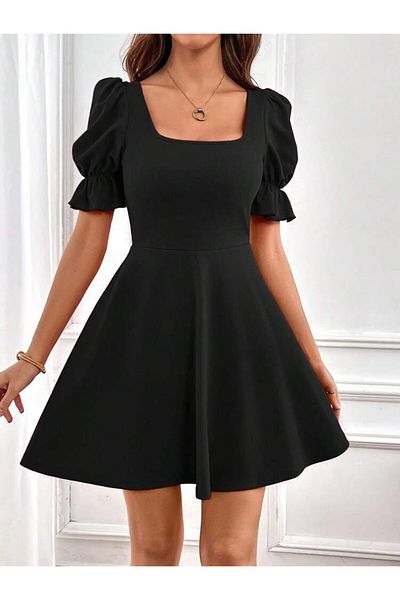 Aemido Women's Short Sleeve Square Collar Kilos Imported Crepe Dress
