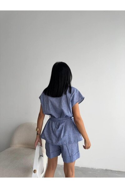 JANES Льняна сорочка без рукавів з зав'язками - Комплект з шортами з подвійними штанинами - Темно-синій