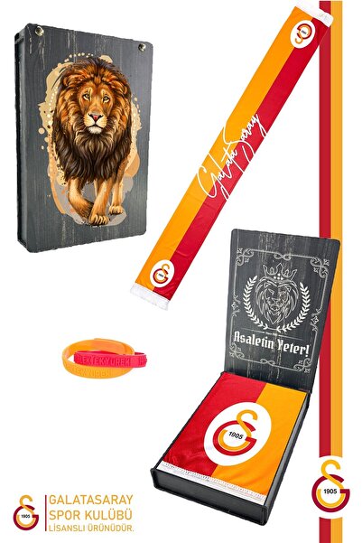 Galatasaray Orijinal Lisanslı Çift Yön Baskılı Şal Kaşkol ve Bileklik Set Atkı Aslan Basılı Kutulu