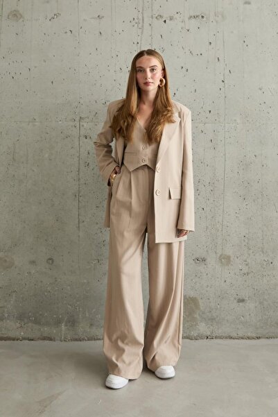 Moderie Butik Beige Striped Jacket - Vest and Pants Set