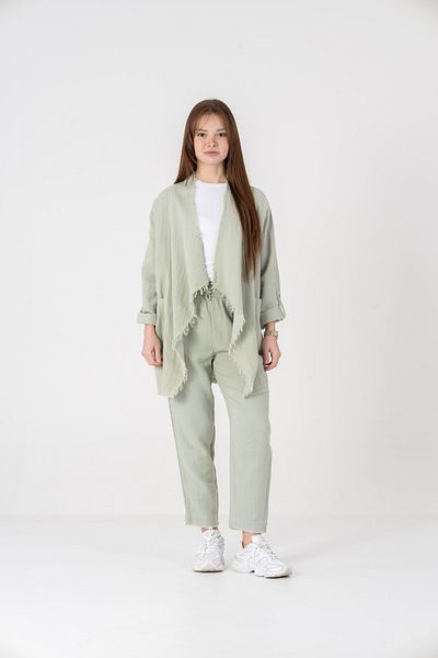 VerdeBlanco 100% Cotton Shawl Collar Cardigan and Trousers Set Mint Green