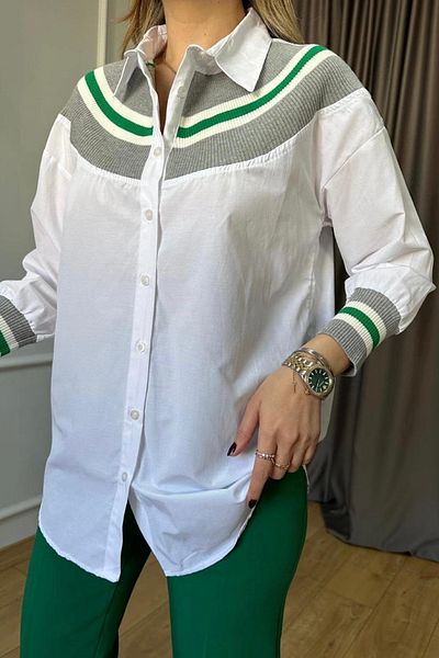 FEMELLE Cămașă de damă, verde, alb, tricotată, casual, din bumbac