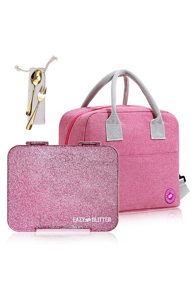 Eazy Kids 6 & 4 Convertible Bento Lunch Box w/ Lunch Bag and Spoon Fork Set - Glitter Pink