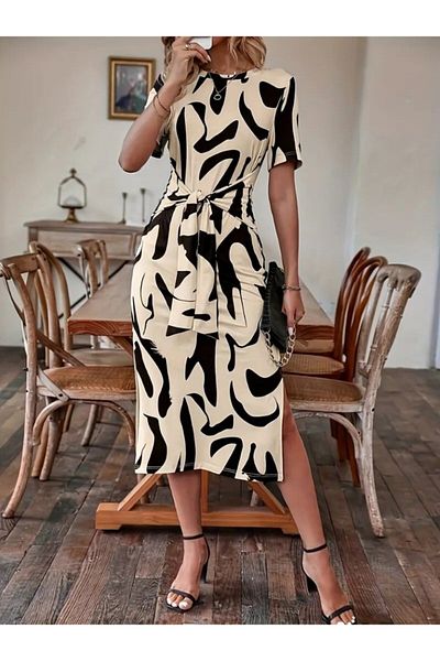 İpeksi Silky Women's Short Sleeve Crew Neck Print Tie Waist Side Slit Single Jersey Dress