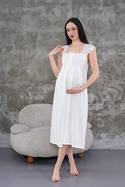 LOHOUSE Kadın Ekru Özel Dantelli Pamuklu Lohusa Hamile Gecelik