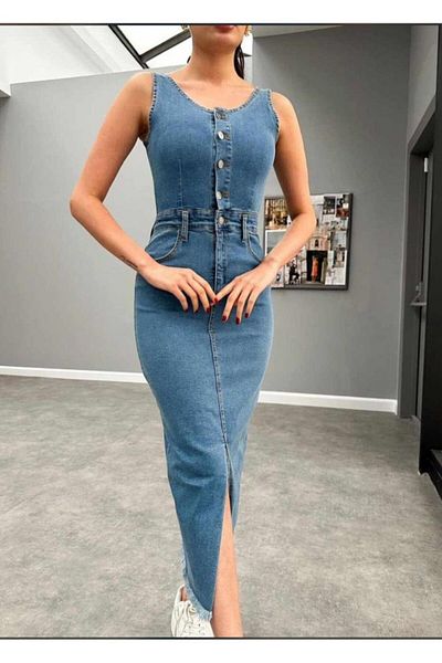 Viyamo Rochie gilet din denim albastru din Lycra