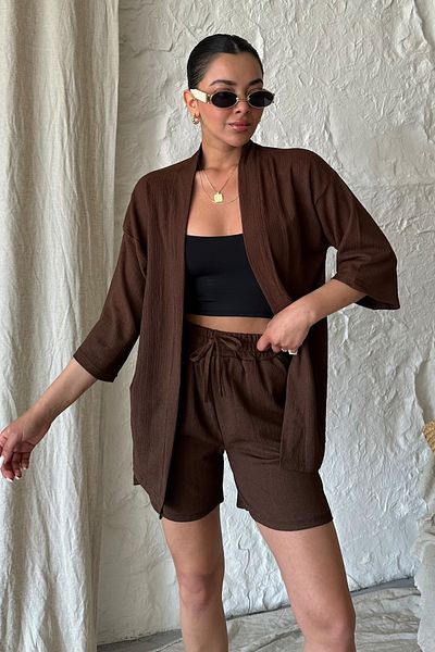 Know Women's Brown Kimono Shirt Shorts Top and Bottom Set