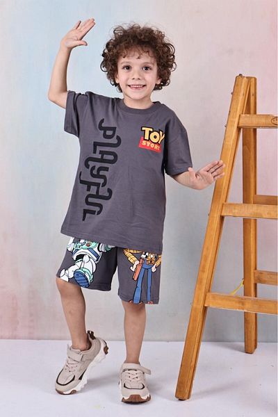 Arya Nisa Kids Boy's Printed 100% Cotton T-Shirt Shorts 2 Pieces Smoked Bottom Top Set Summer Full Fit Holiday