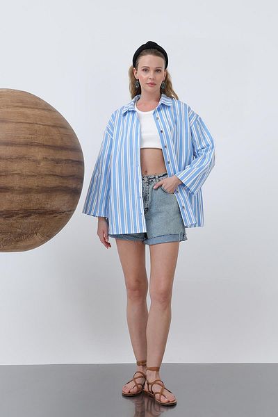 Loreen Cămașă de bază cu mâneci pentru femei - 20655GML - BLUE-ECRU