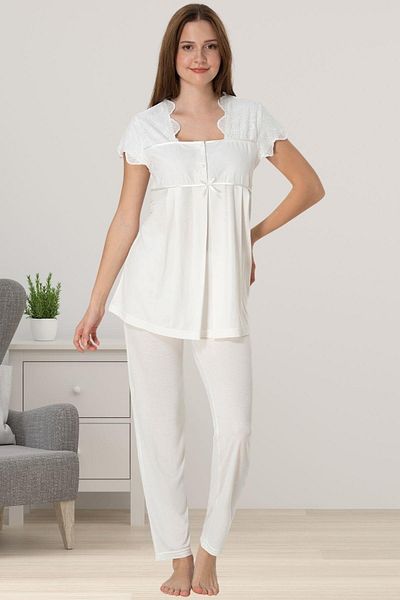 LOHOUSE Women's Ecru Scallop Linen Maternity Maternity Pajama Set