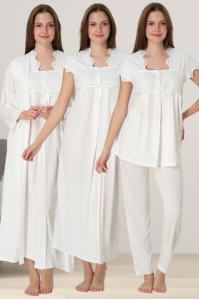 LOHOUSE Women's Ecru Scallop Linen Maternity Pajamas Set of 4