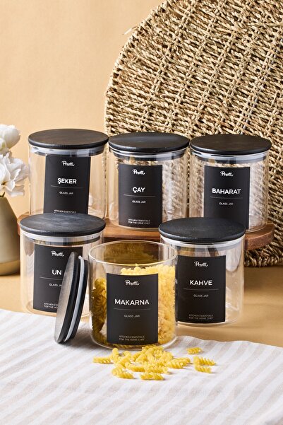 Perotti Laura 6'lı Siyah Ahşap Kapak Cam Kavanoz 750 ml 10x10 cm 16 Adet Etik...
