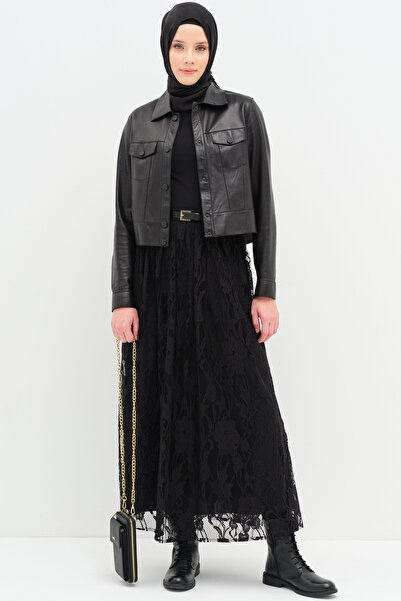 Tuğba Hazır Deri Kemerli Dantel Etek - Siyah