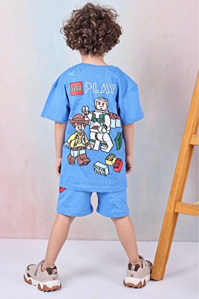 Arya Nisa Kids ERKEK ÇOCUK BASKILI %100 PAMUK TİŞÖRT ŞORT 2 PARÇA MAVİ ALT ÜST TAKIM YAZLIK TAM KALIP TATİL