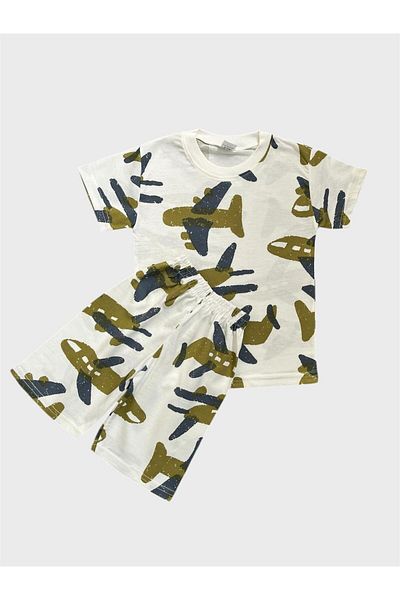 ALİŞ KİDS Boys' Cotton White Green Airplane Patterned Short Sleeve Shorts Summer Pajama Set